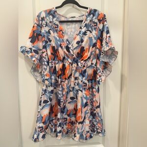 SHEIN Orange and Blue Flutter Sleeve Wrap dress